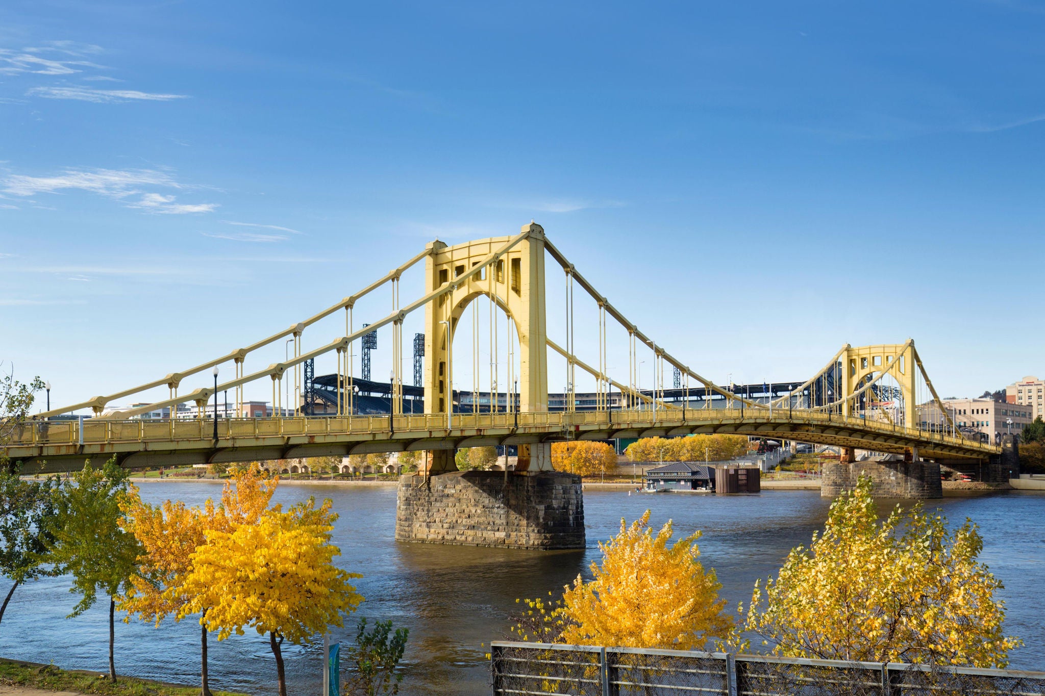 View of the Roberto Clemente Bridge over the Allegheny River in Pittsburgh, Pennsylvania, in autumn.