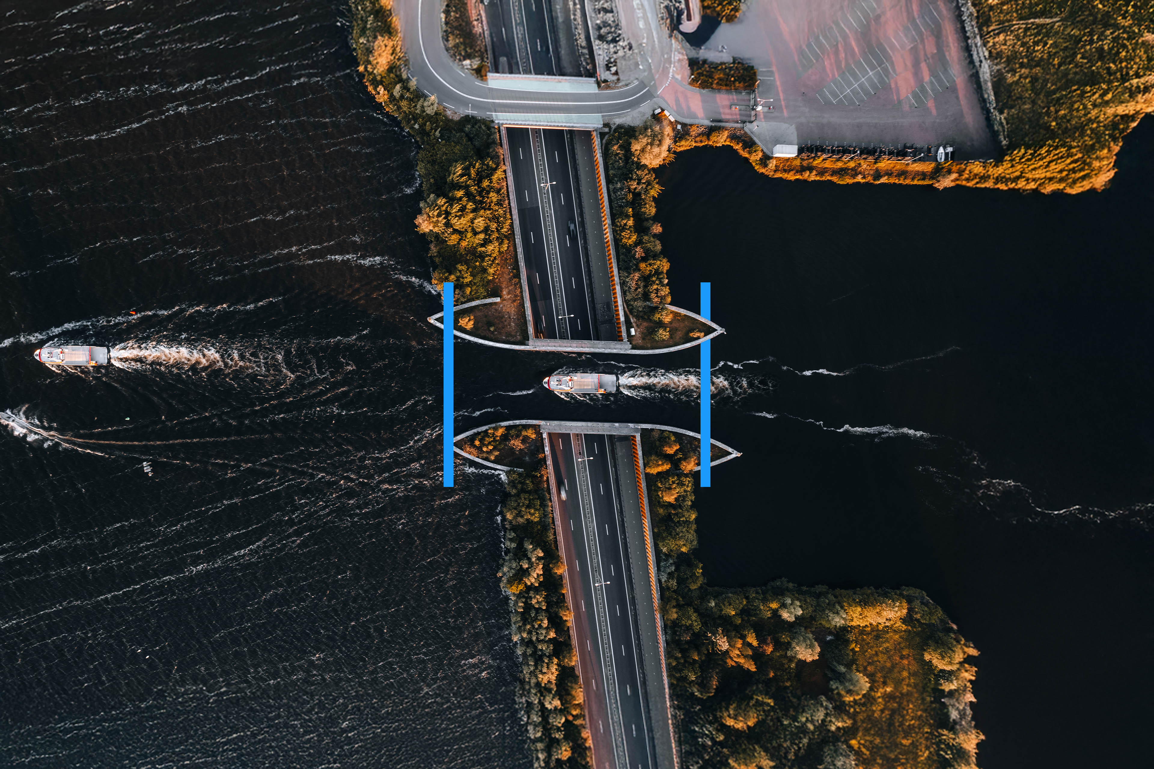 Aerial view of boat crossing aquaduct in the Netherlands